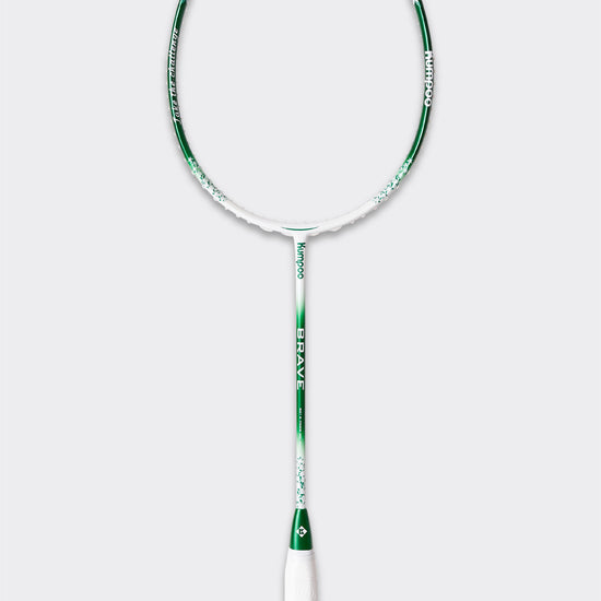 Kumpoo Brave unstrung badminton racket with a sleek black frame and lightweight design, ready for stringing and play.