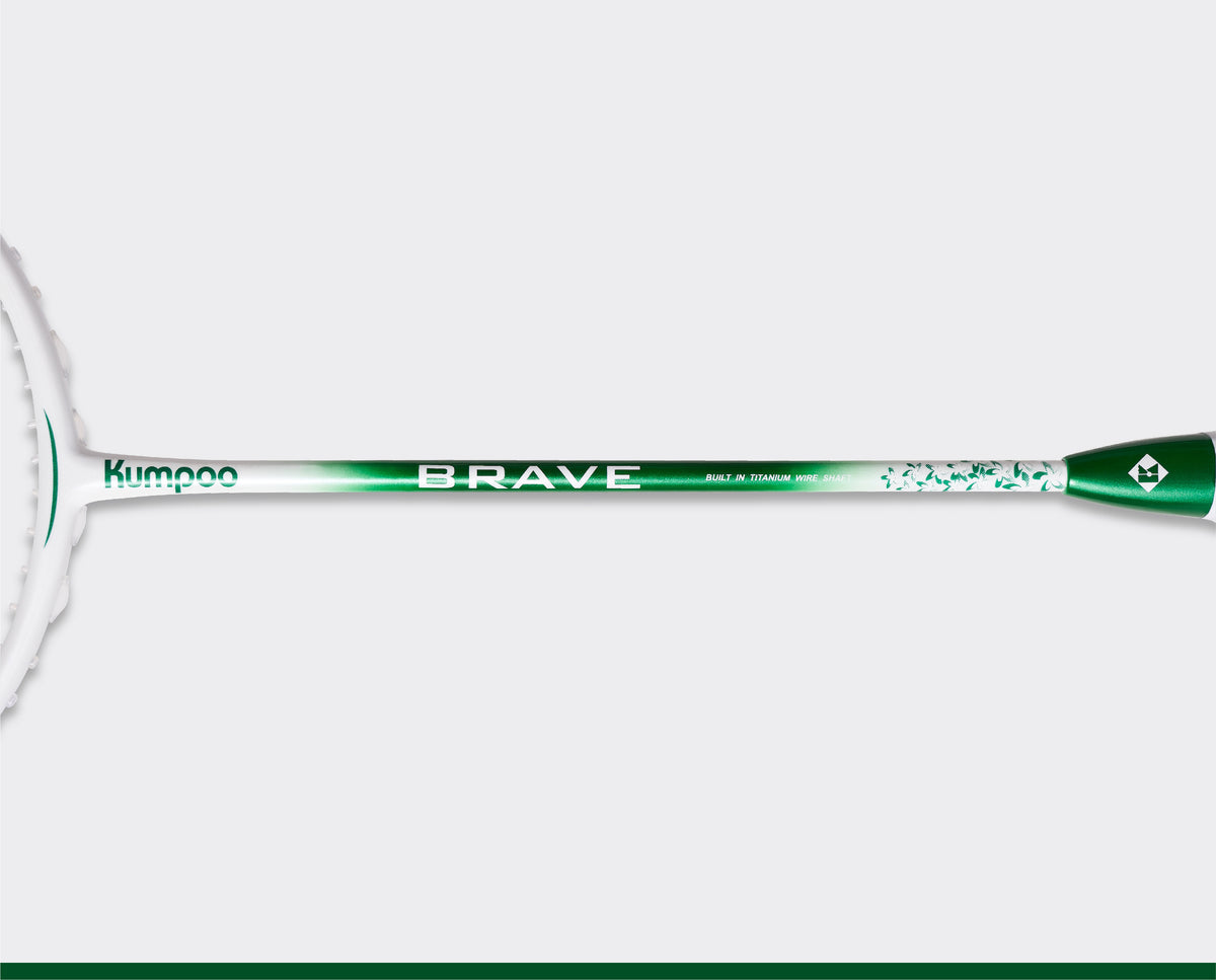 Kumpoo Brave unstrung badminton racket with a lightweight frame and ergonomic grip, ready for stringing and play.