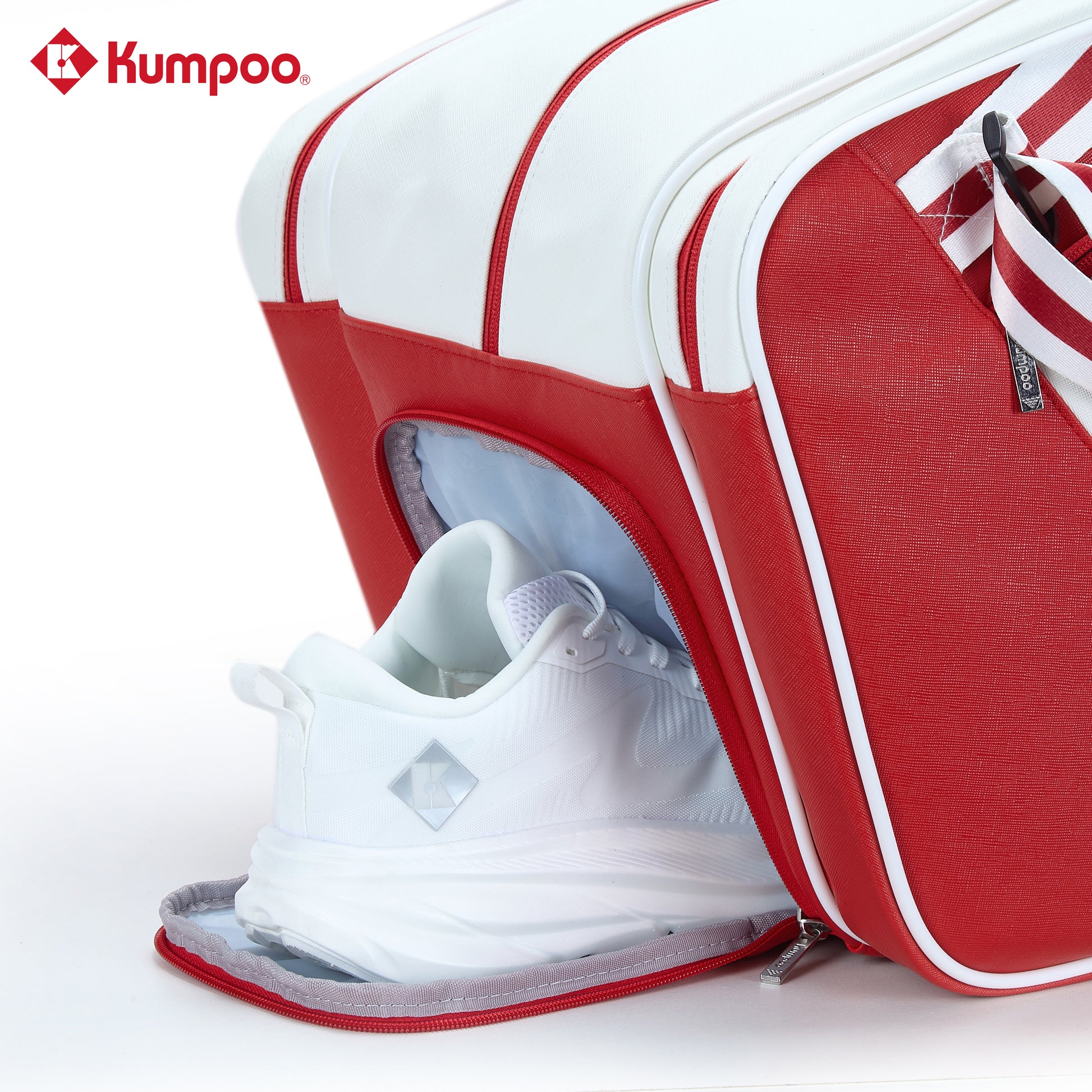 Kumpoo KB-691 badminton bag with multiple compartments, black and grey design, and padded shoulder strap for easy carrying.