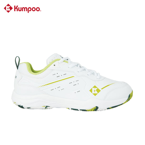 Kumpoo KH-E317 badminton shoes with white and blue design, featuring lightweight construction and non-slip soles for optimal grip.
