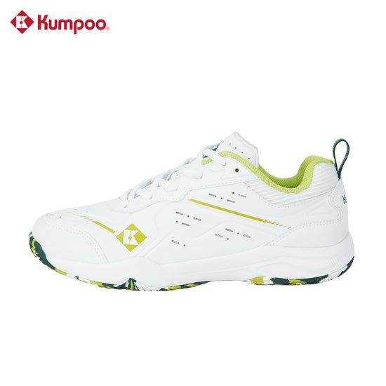 Kumpoo KH-E317 badminton shoes with white and blue design, featuring cushioned soles and breathable mesh for athletic performance.