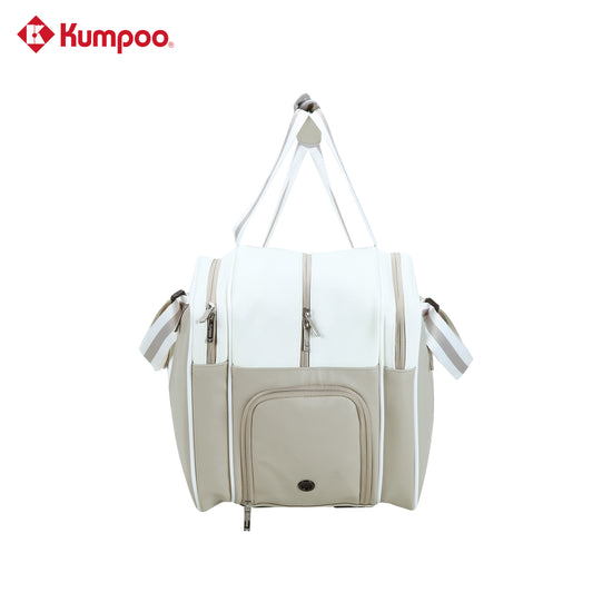 Kumpoo KB-691 badminton bag with multiple compartments, black and red design, and adjustable shoulder straps for easy carrying.