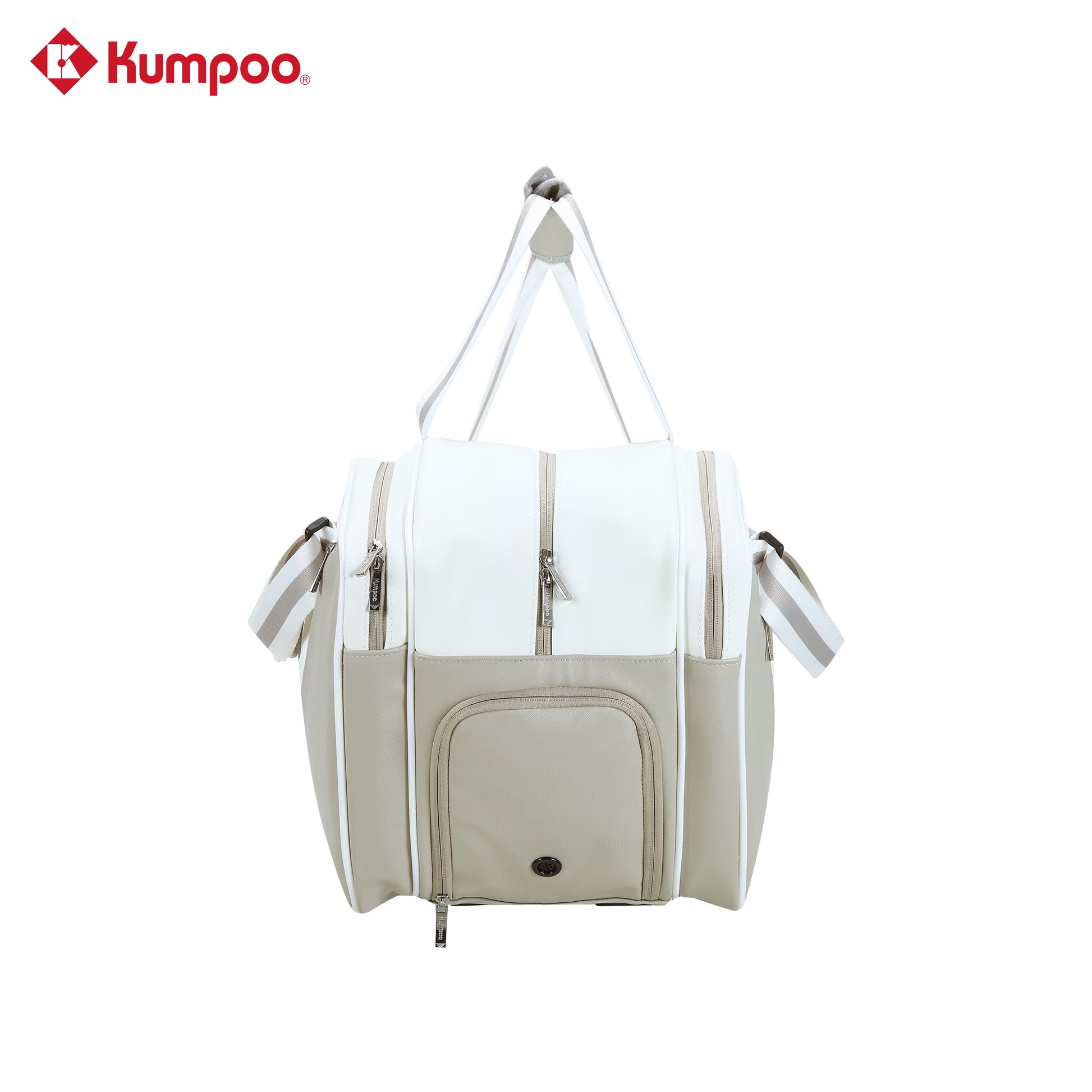 Kumpoo KB-691 badminton bag with multiple compartments, black and red design, and adjustable shoulder straps for easy carrying.