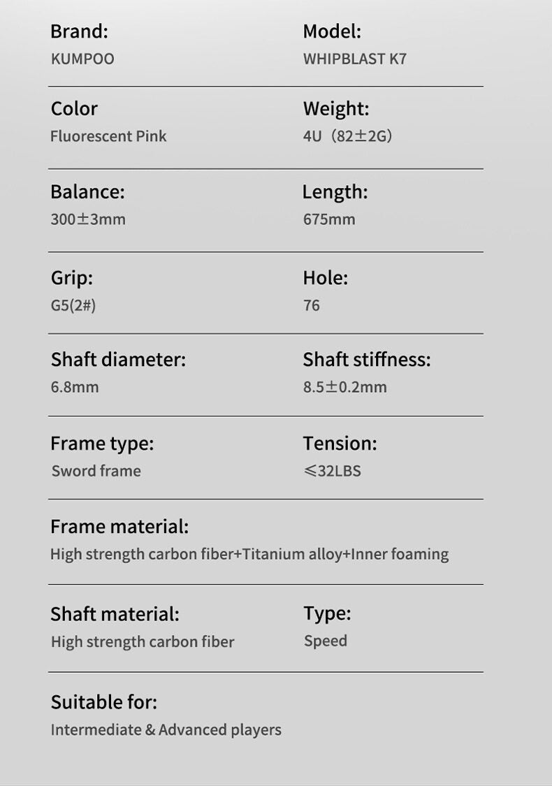 Kumpoo WHIPBLAST K7 unstrung badminton racket with lightweight frame and ergonomic grip, ready for gameplay.