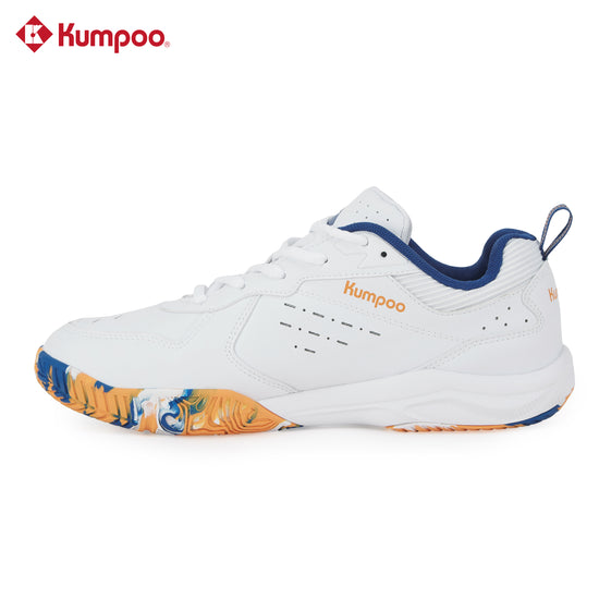 Kumpoo KH-E317 badminton shoes with white and blue design, breathable mesh upper, and cushioned sole for sports performance.