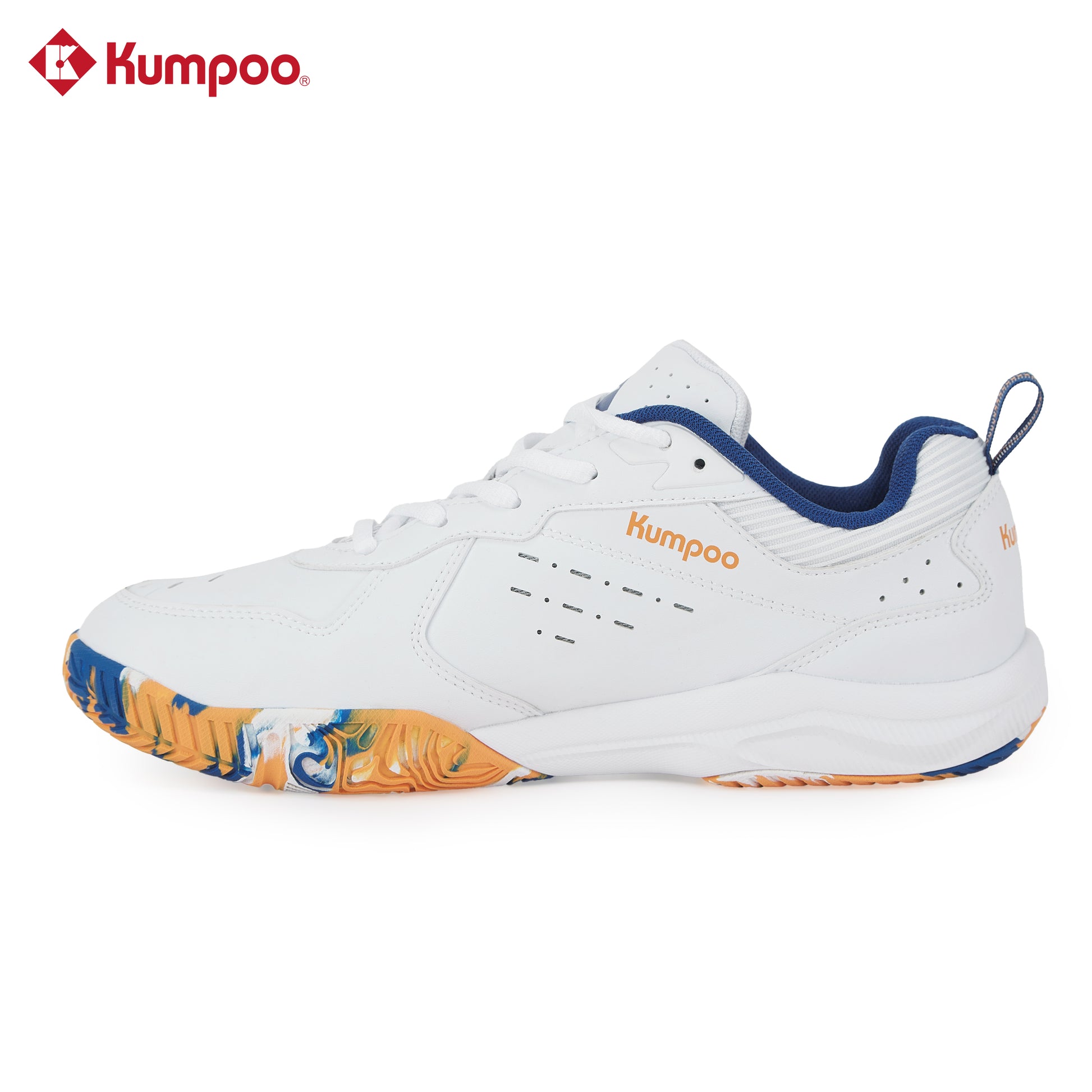 Kumpoo KH-E317 badminton shoes with white and blue design, breathable mesh upper, and cushioned sole for sports performance.