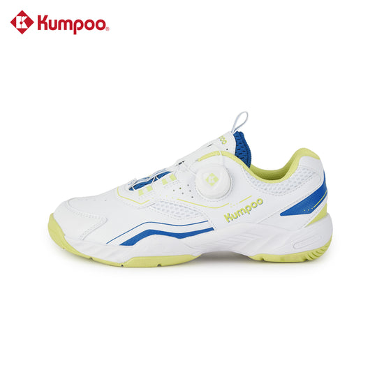 Kumpoo KHS-J10 Junior badminton shoes with white and blue design, lightweight athletic footwear for young players.