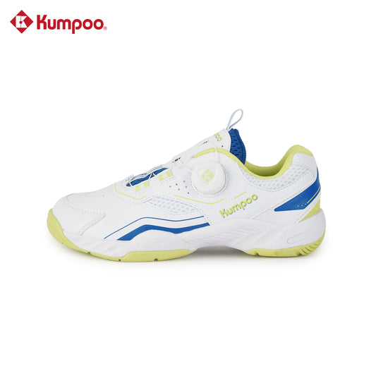 Kumpoo KHS-J10 Junior badminton shoes with white and blue design, lightweight athletic footwear for young players.