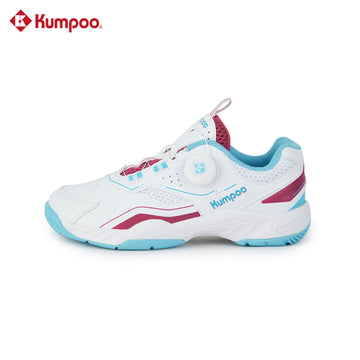 Kumpoo KHS-J10 Junior badminton shoes with white and blue design, featuring non-slip soles and supportive cushioning.