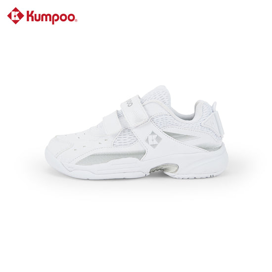 Kumpoo KHS-J20 Junior badminton shoes with white and blue design, featuring grip soles and supportive cushioning.