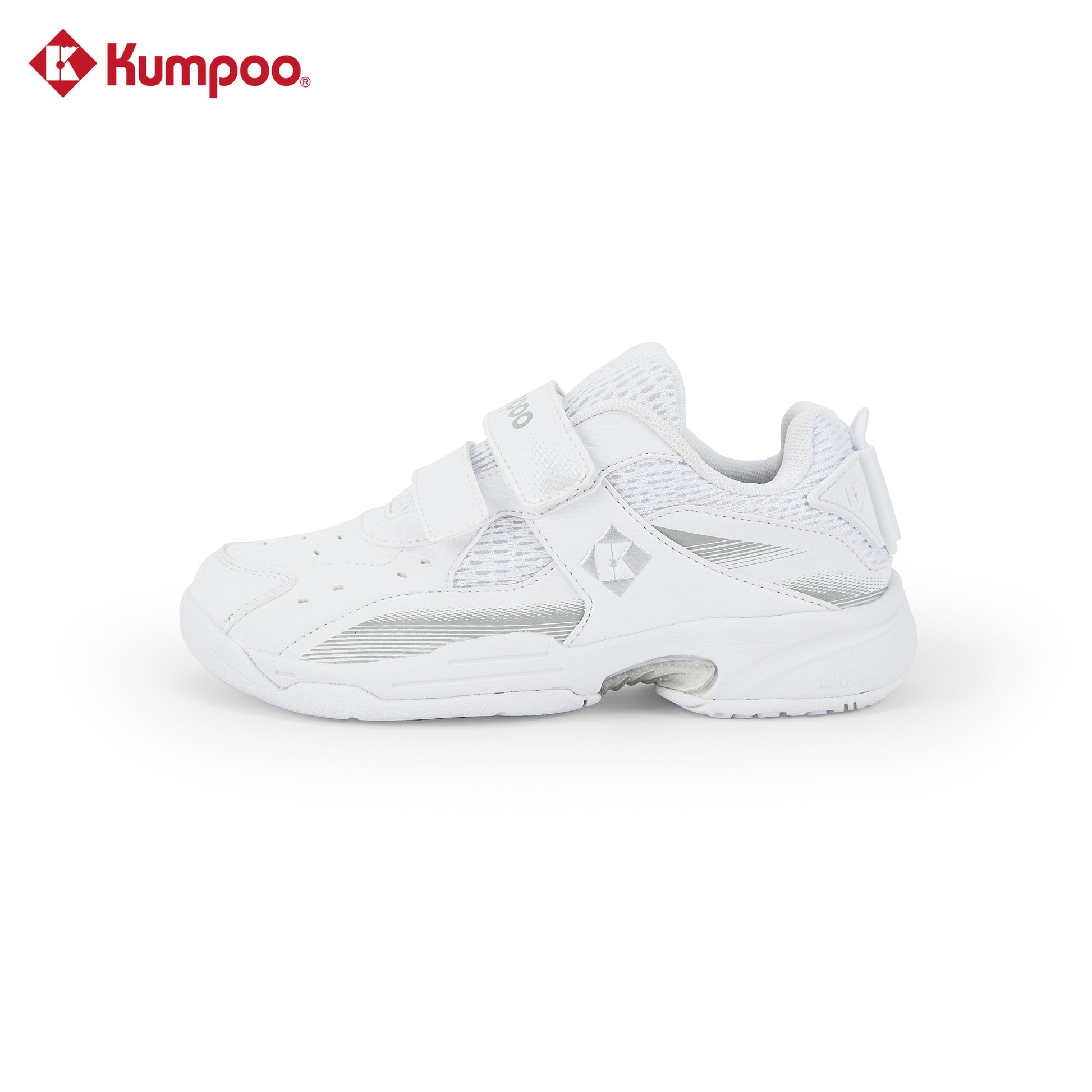 Kumpoo KHS-J20 Junior badminton shoes with white and blue design, featuring grip soles and supportive cushioning.