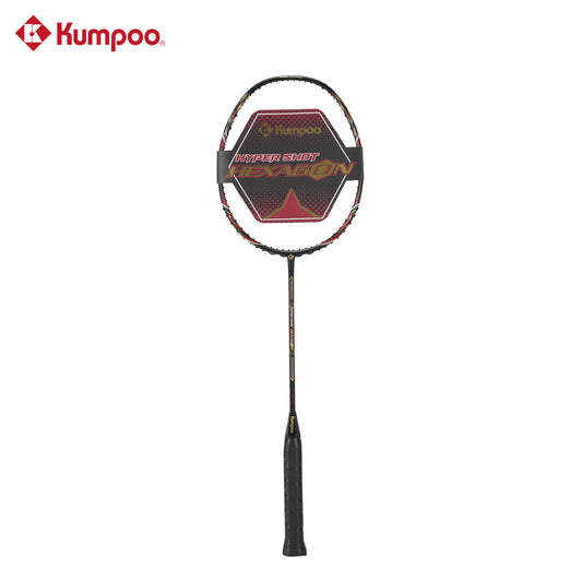 Kumpoo Hyper Shot Hexagon unstrung badminton racket with hexagonal frame design and lightweight construction.