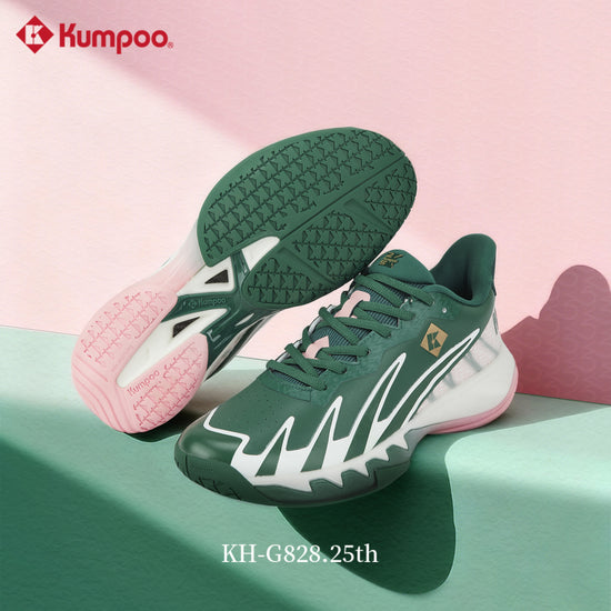 Kumpoo KH-G828.25th badminton shoes in black and white, featuring breathable mesh and non-slip sole for court performance.