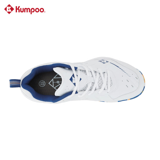 Kumpoo KH-E317 badminton shoes with white and blue design, featuring cushioned soles and breathable mesh for sports performance.