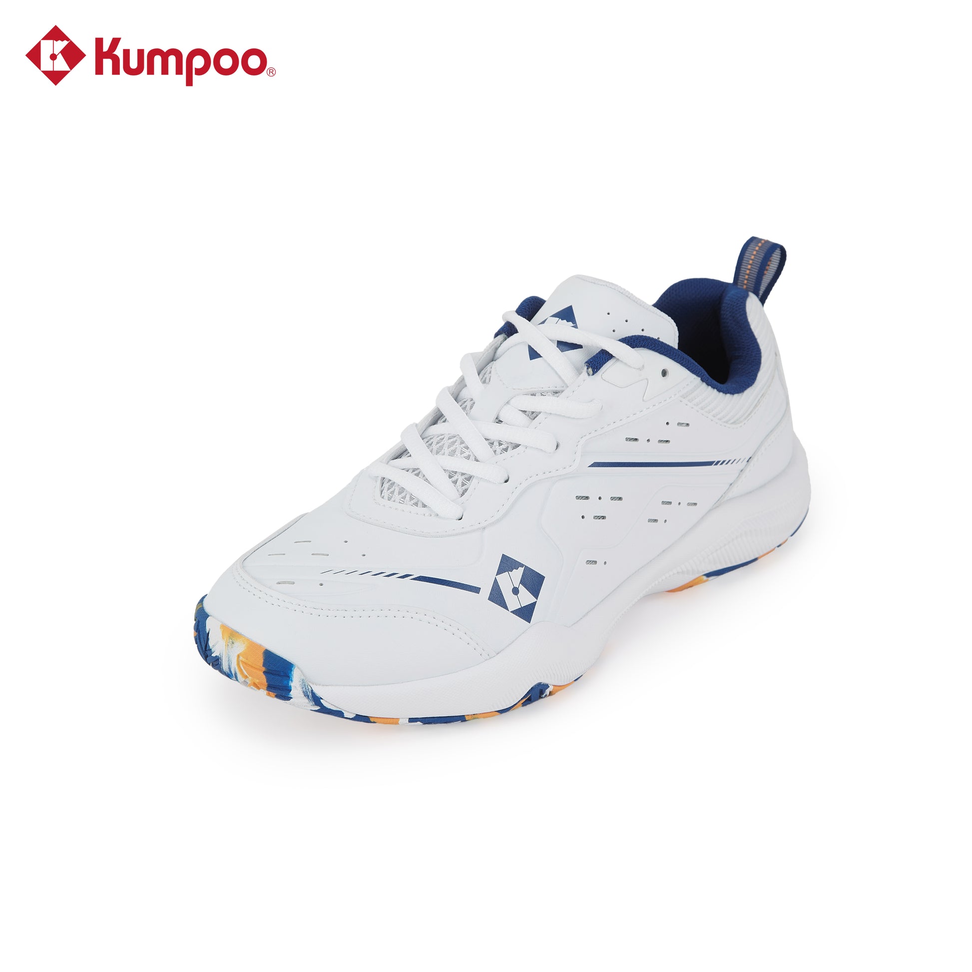 Kumpoo KH-E317 badminton shoes with blue and white design, featuring cushioned soles and supportive ankle support.