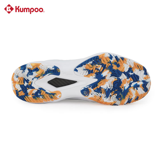 Kumpoo KH-E317 badminton shoes with white and blue design, featuring cushioned soles and supportive athletic footwear for court play.