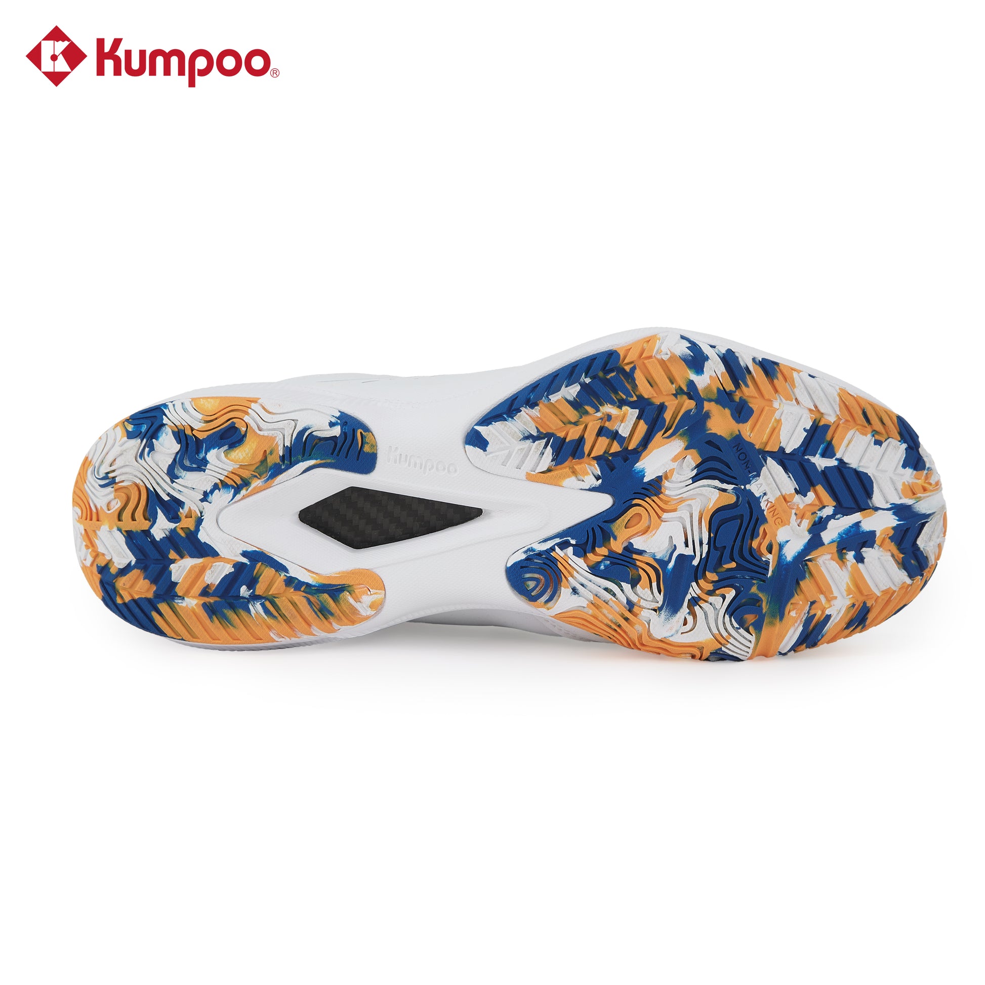 Kumpoo KH-E317 badminton shoes with white and blue design, featuring cushioned soles and supportive athletic footwear for court play.
