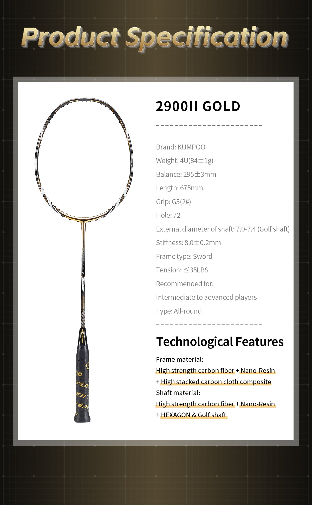 ラケット Kumpoo Hexagon 2900II - Gold ラケット Kumpoo Hexagon 2900II - Gold ラケット Kumpoo Hexagon