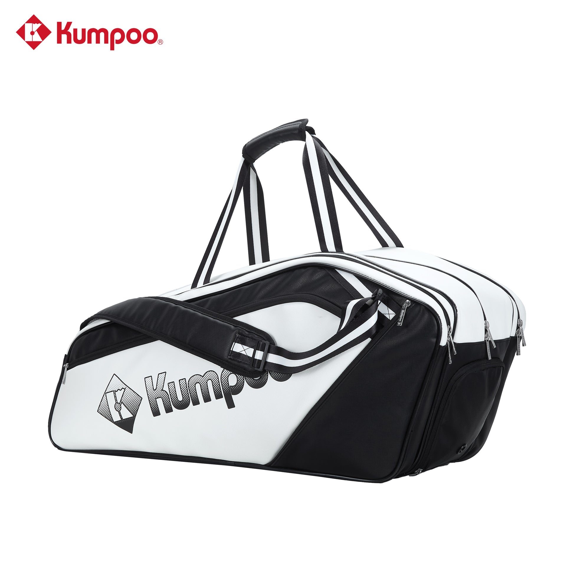 Kumpoo KB-691 badminton bag with multiple compartments, black and red design, and padded shoulder strap for easy carry