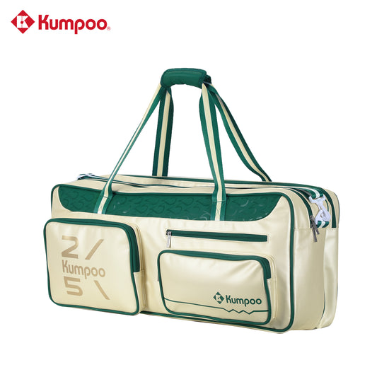 Kumpoo KB-566 badminton bag with multiple compartments, black and red design, showing the spacious storage and sleek appearance.