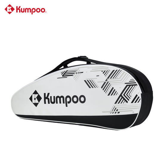 Kumpoo KB-631 badminton bag with multiple compartments, black color, carrying handles, and adjustable shoulder strap.