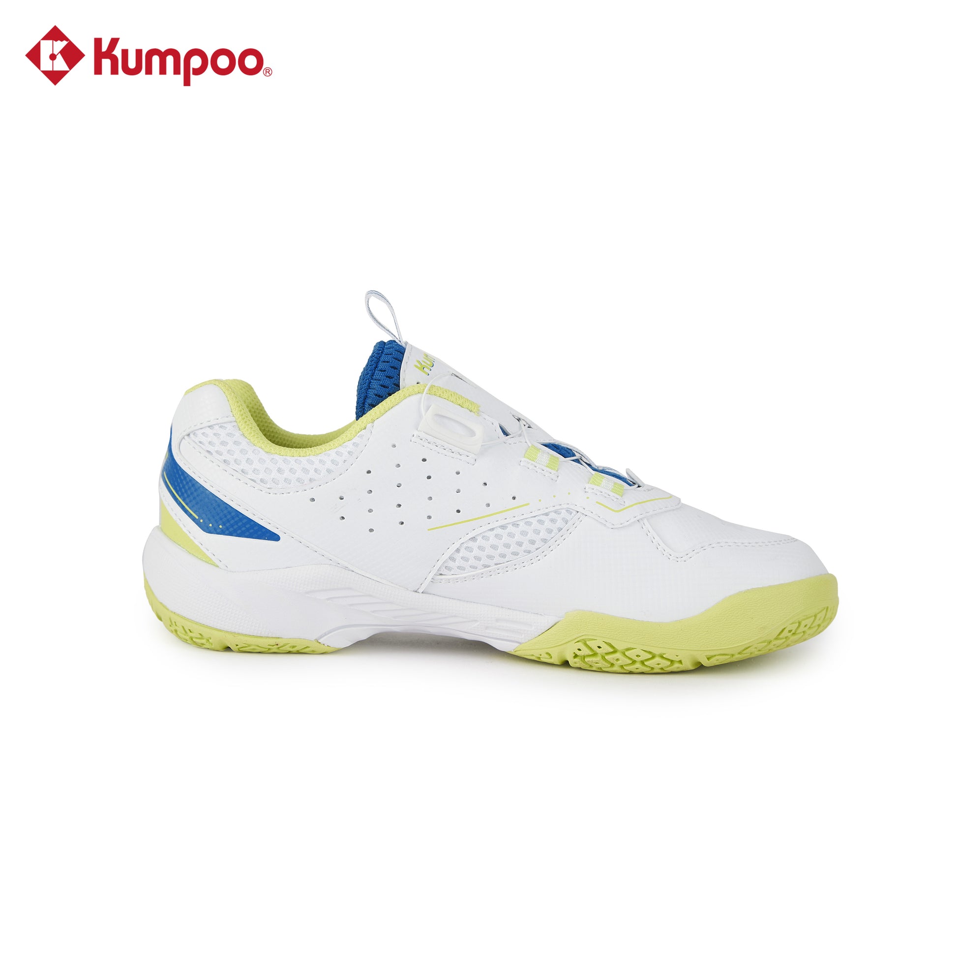 Kumpoo KHS-J10 Junior badminton shoes with white and blue design, featuring cushioned soles and breathable mesh uppers.