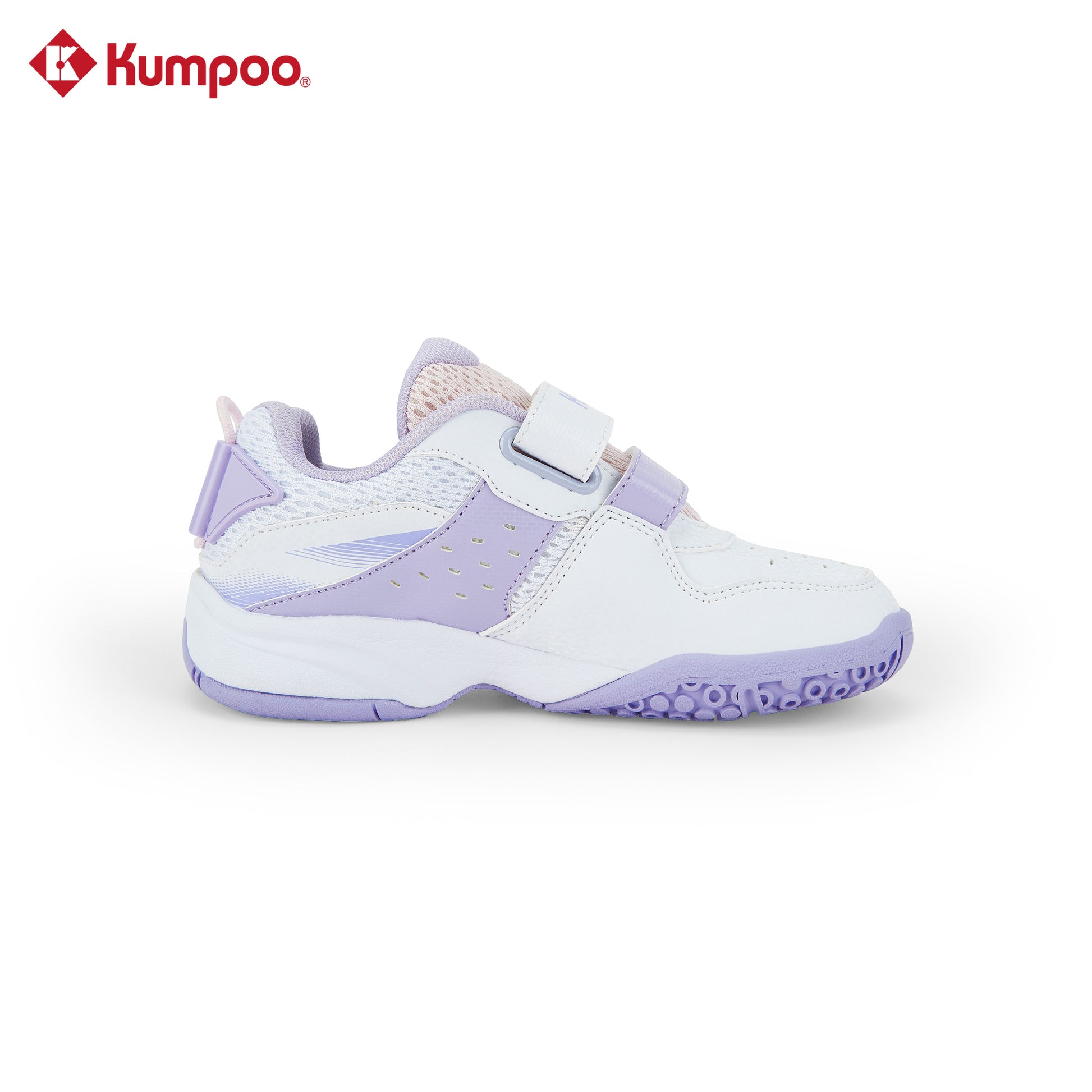 Kumpoo KHS-J20 Junior badminton shoes in white and blue with non-slip soles, designed for young players' comfort and support.