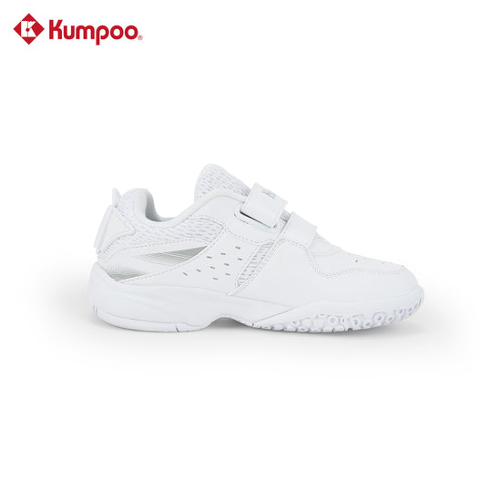 Kumpoo KHS-J20 Junior badminton shoes in white with blue accents, featuring a lightweight design and non-slip sole for active play.