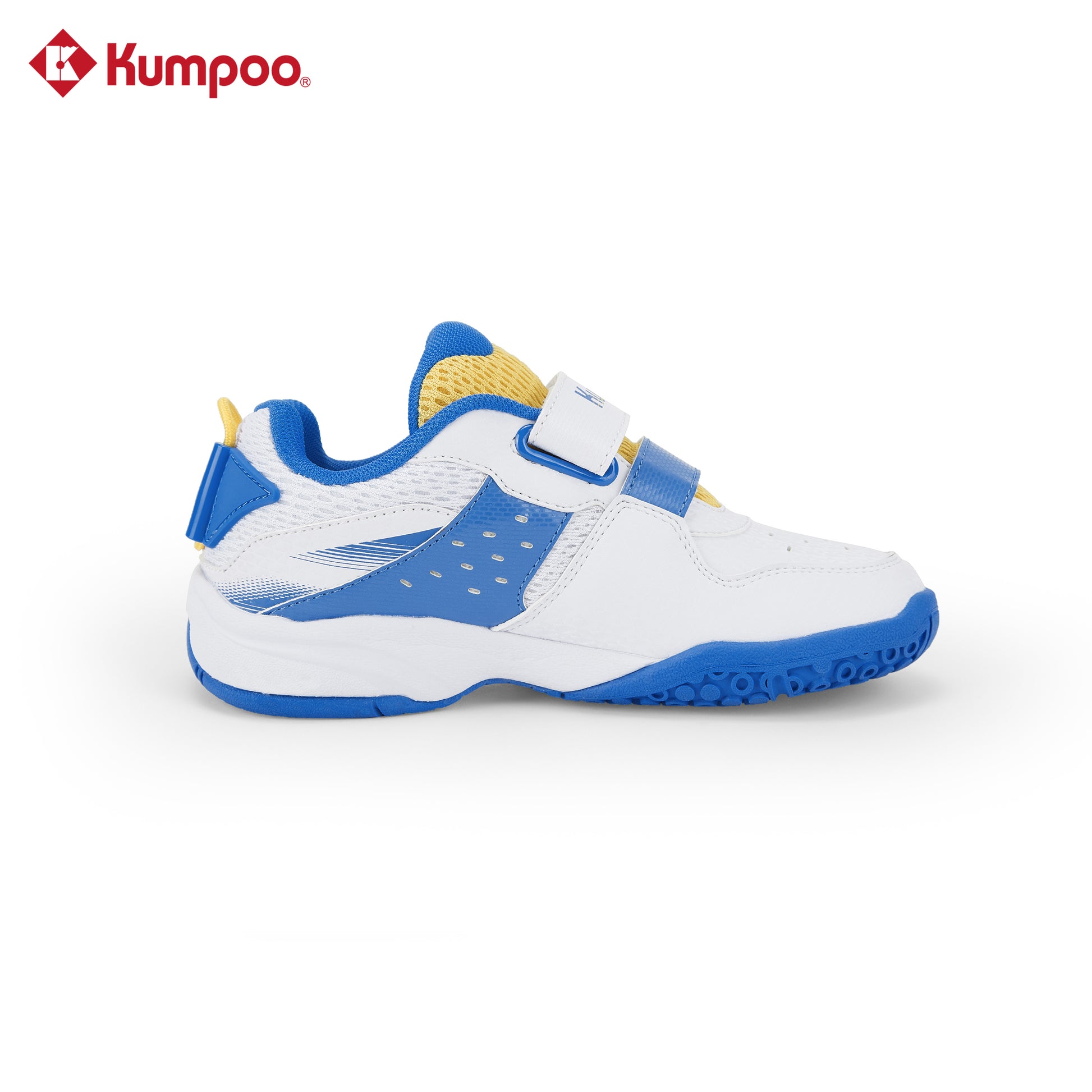 Kumpoo KHS-J20 junior badminton shoes in white with blue accents, featuring non-slip soles and supportive design for young players.