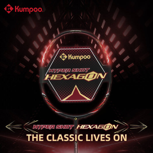 Kumpoo Hyper Shot Hexagon unstrung badminton racket with a hexagonal frame design and lightweight construction.