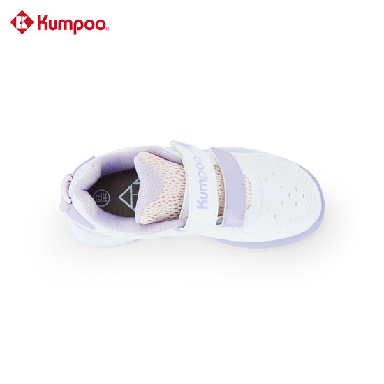Kumpoo KHS-J20 Junior badminton shoes with white and blue design, featuring cushioned soles and breathable upper for active play.