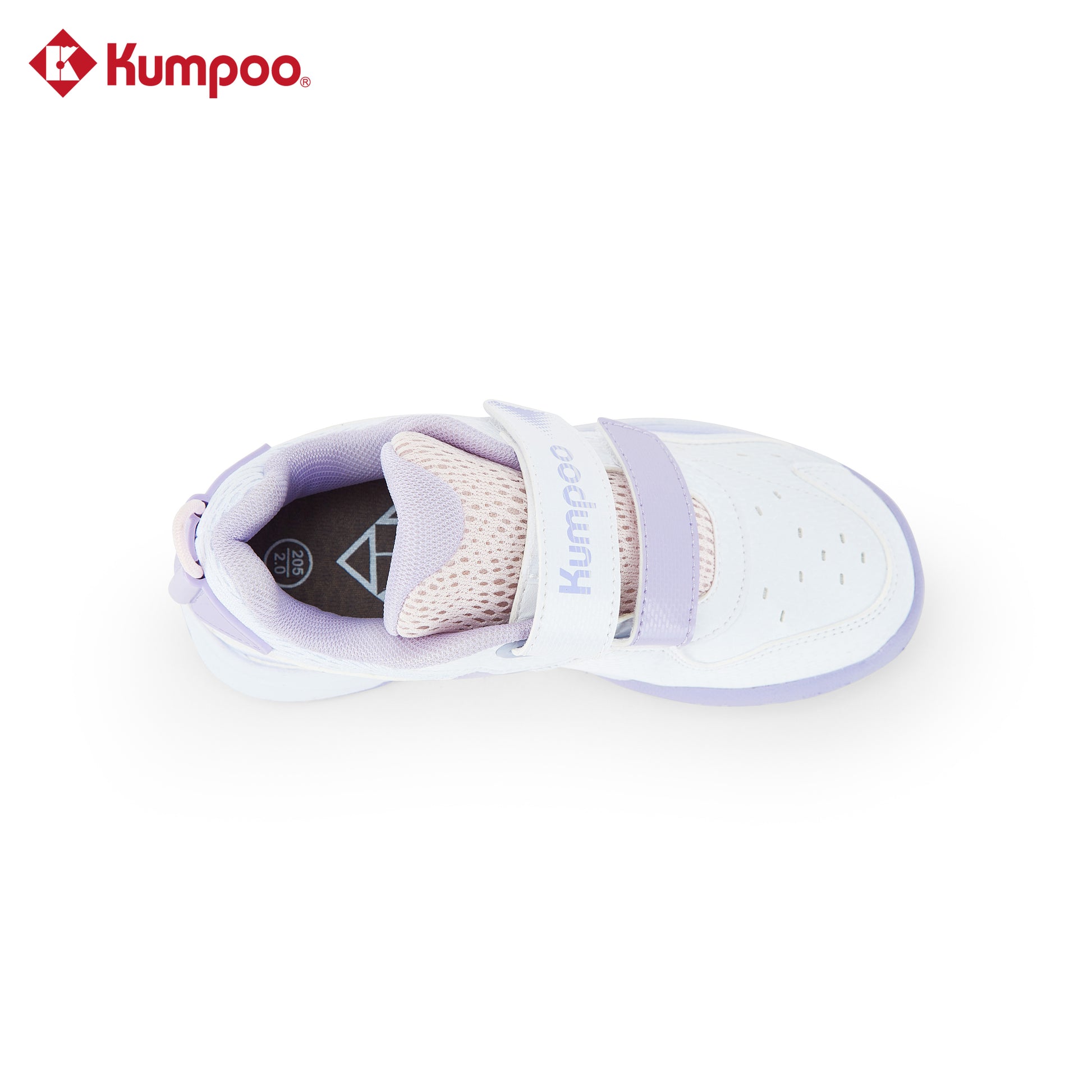 Kumpoo KHS-J20 Junior badminton shoes with white and blue design, featuring cushioned soles and breathable upper for active play.