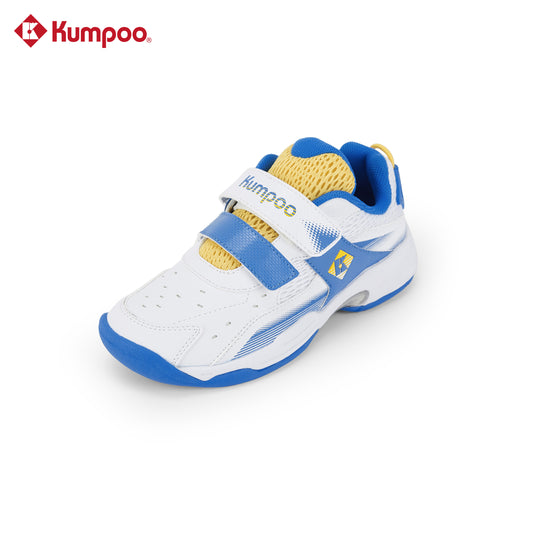 Kumpoo KHS-J20 Junior badminton shoes with white and blue design, lightweight athletic shoes for young players.