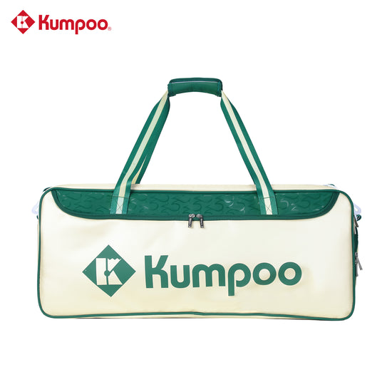 Kumpoo KB-566.25th badminton bag with multiple compartments, black and gray design, and adjustable shoulder straps.