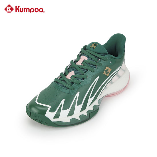 Kumpoo KH-G828 badminton shoes with white and blue design, featuring cushioned soles and lightweight athletic footwear.