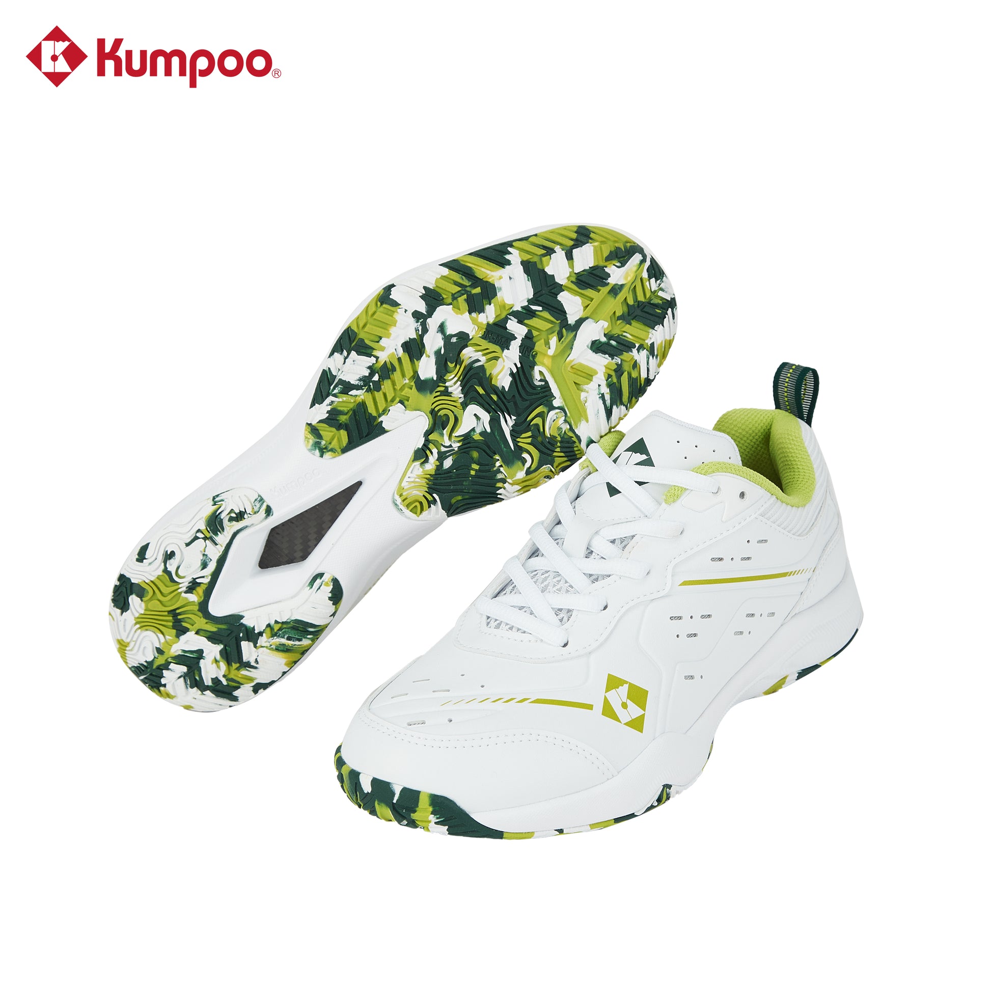 Kumpoo KH-E317 badminton shoes with white and blue design, featuring cushioned soles and breathable fabric for active play.