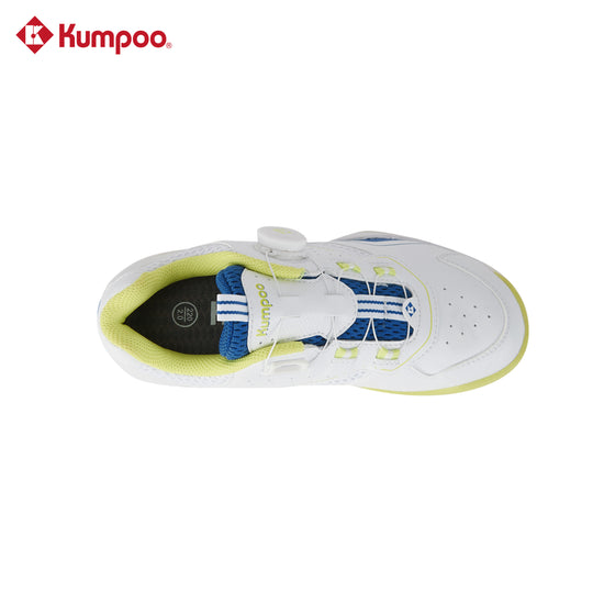 Kumpoo KHS-J10 junior badminton shoes in white with blue accents, featuring a breathable upper and non-slip outsole.