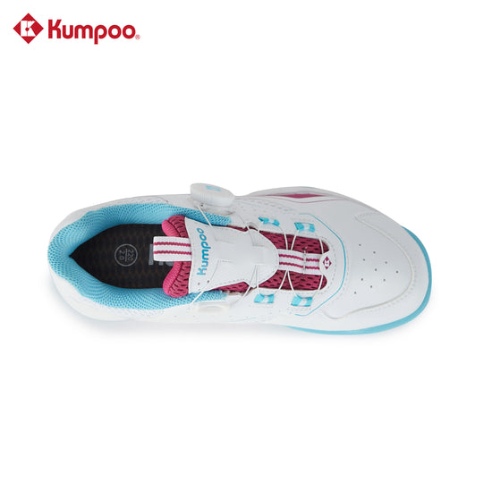 Kumpoo KHS-J10 Junior badminton shoes with white and blue design, featuring cushioned sole and breathable upper for active play.