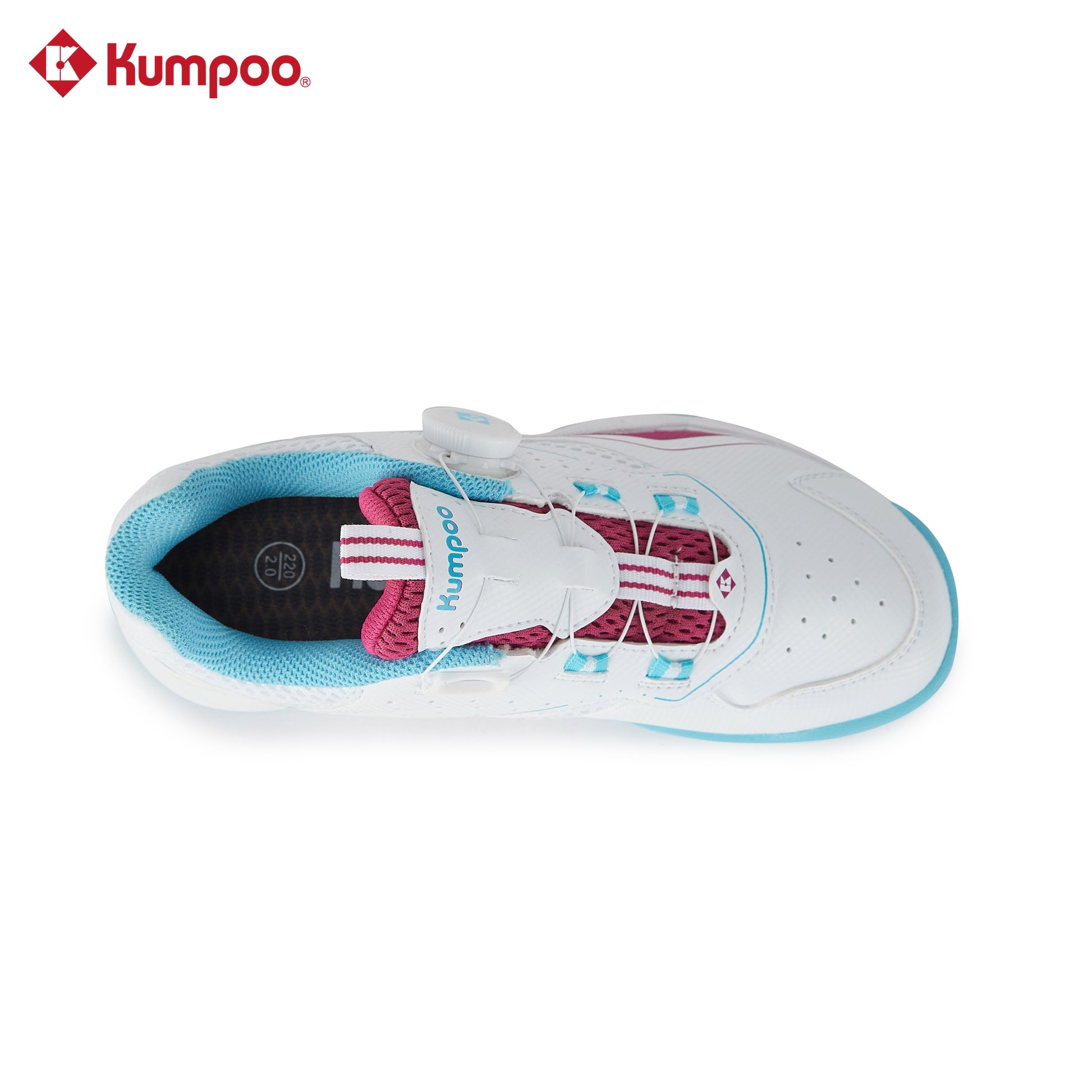 Kumpoo KHS-J10 Junior badminton shoes with white and blue design, featuring cushioned sole and breathable upper for active play.