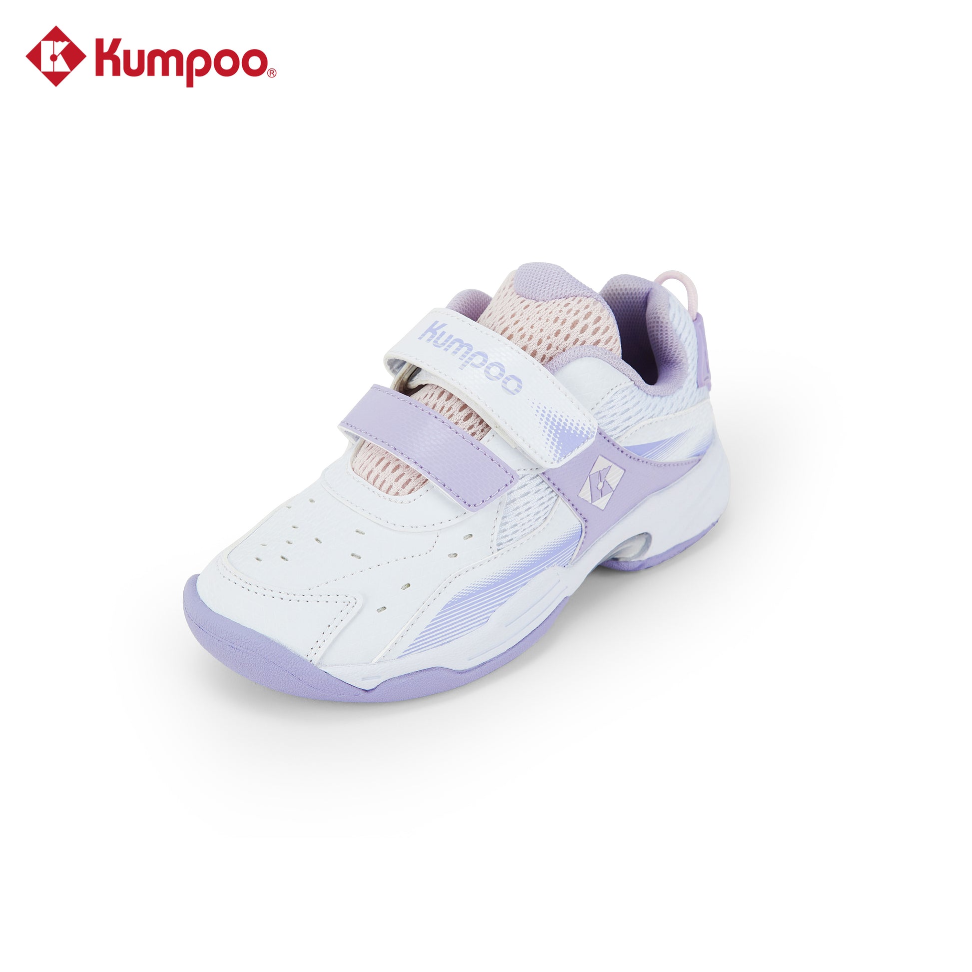 Kumpoo KHS-J20 Junior badminton shoes with white and blue design, featuring cushioned soles and supportive upper for active play.