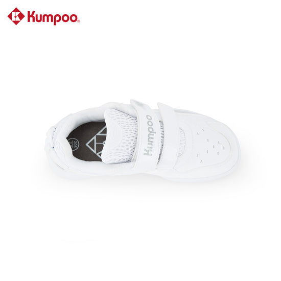 Kumpoo KHS-J20 Junior badminton shoes with white and blue design, breathable mesh upper, and non-marking rubber outsole.