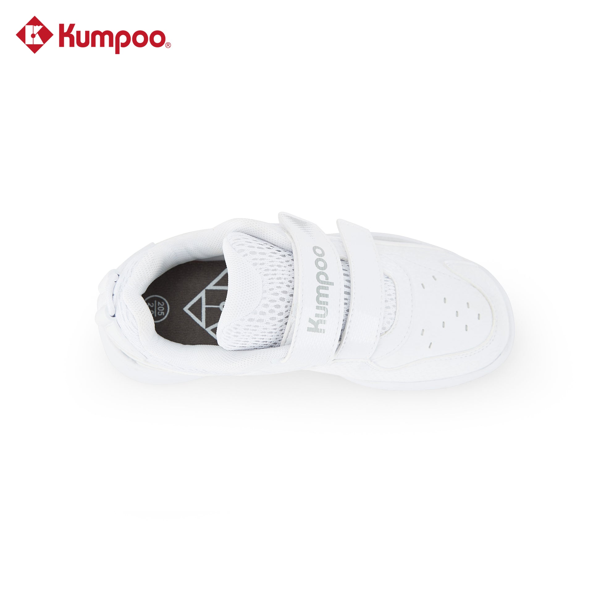Kumpoo KHS-J20 Junior badminton shoes with white and blue design, breathable mesh upper, and non-marking rubber outsole.