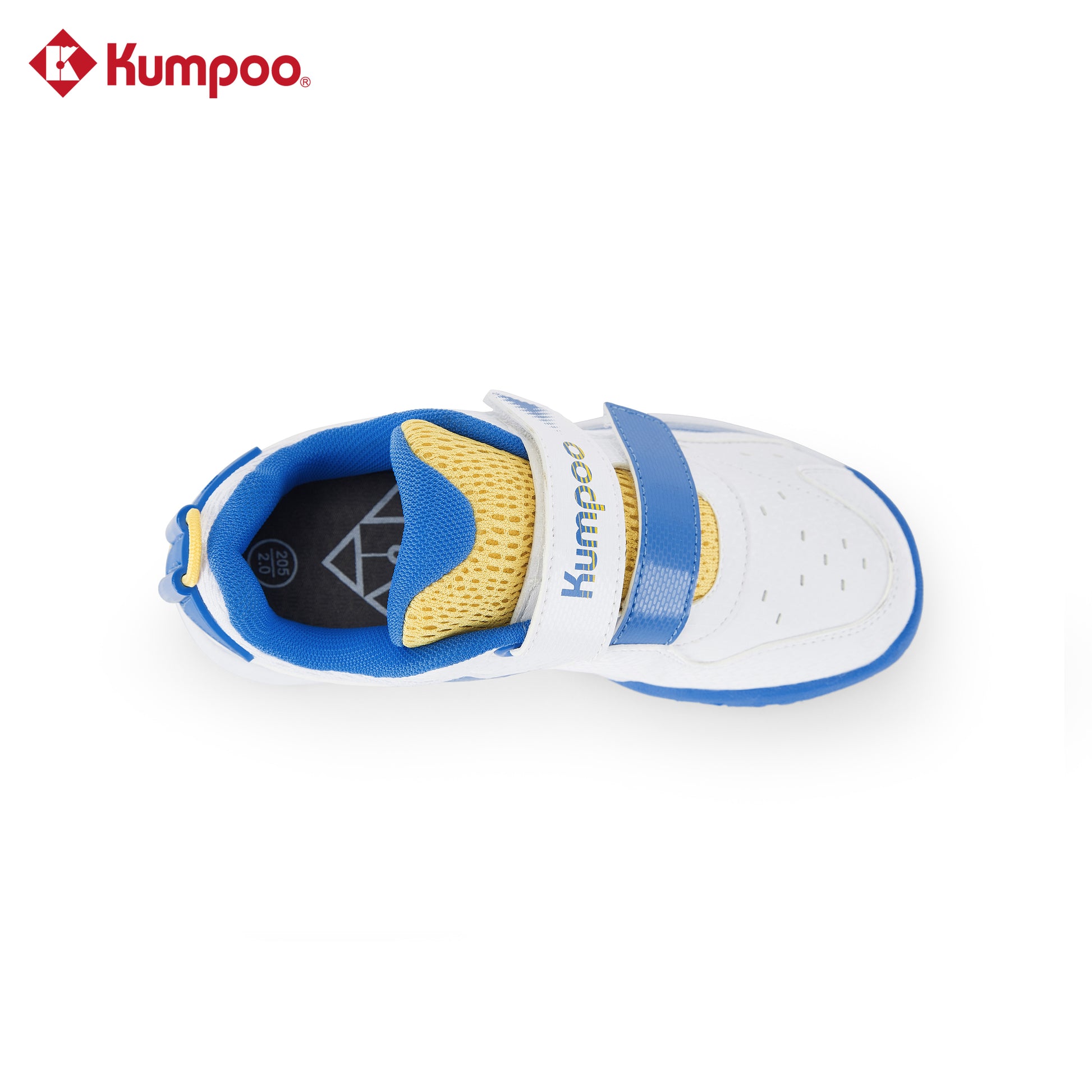 Kumpoo KHS-J20 Junior badminton shoes with white and blue design, featuring grip soles and breathable mesh upper.