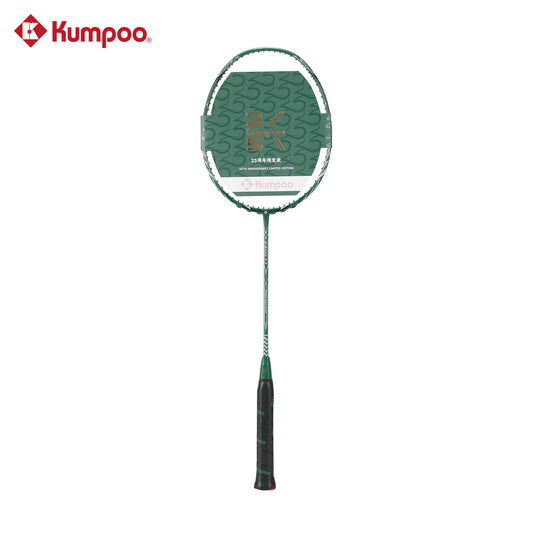 Kumpoo 2300 Daren 25th unstrung badminton racket with black and red frame and grip, ready for stringing and play.
