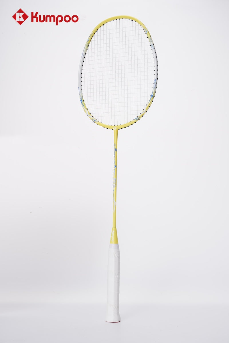 Two Kumpoo 520A(S) LX+ beginner pre-strung badminton rackets with grips and strings visible, ready for play.