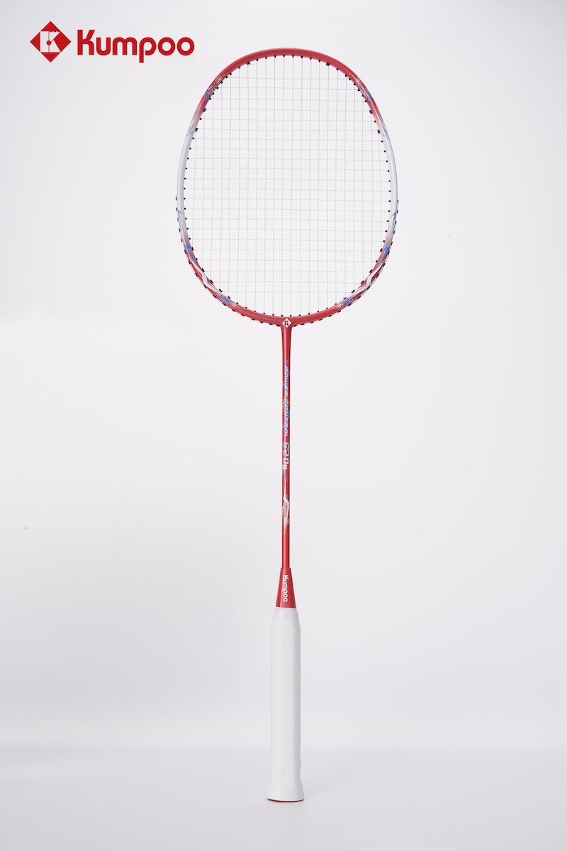 Two Kumpoo 520A(S) LX+ beginner pre-strung badminton rackets with black and silver designs, ready for play.