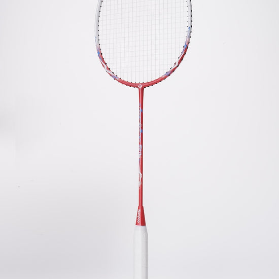 Two Kumpoo 520A(S) LX+ beginner pre-strung badminton rackets with black and red frames and grips on a white background.
