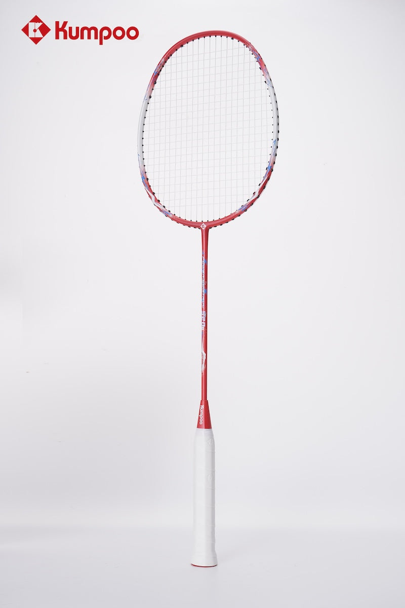 Two Kumpoo 520A(S) LX+ beginner pre-strung badminton rackets with black and red frames and grips on a white background.