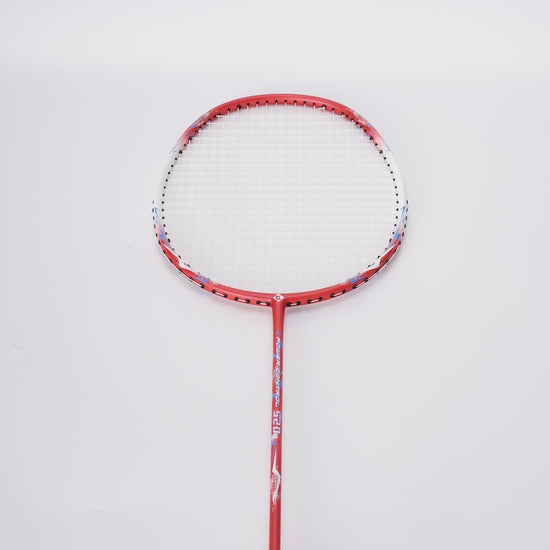 Two Kumpoo 520A(S) LX+ beginner pre-strung badminton rackets with black and red frames and grips, ready for play.