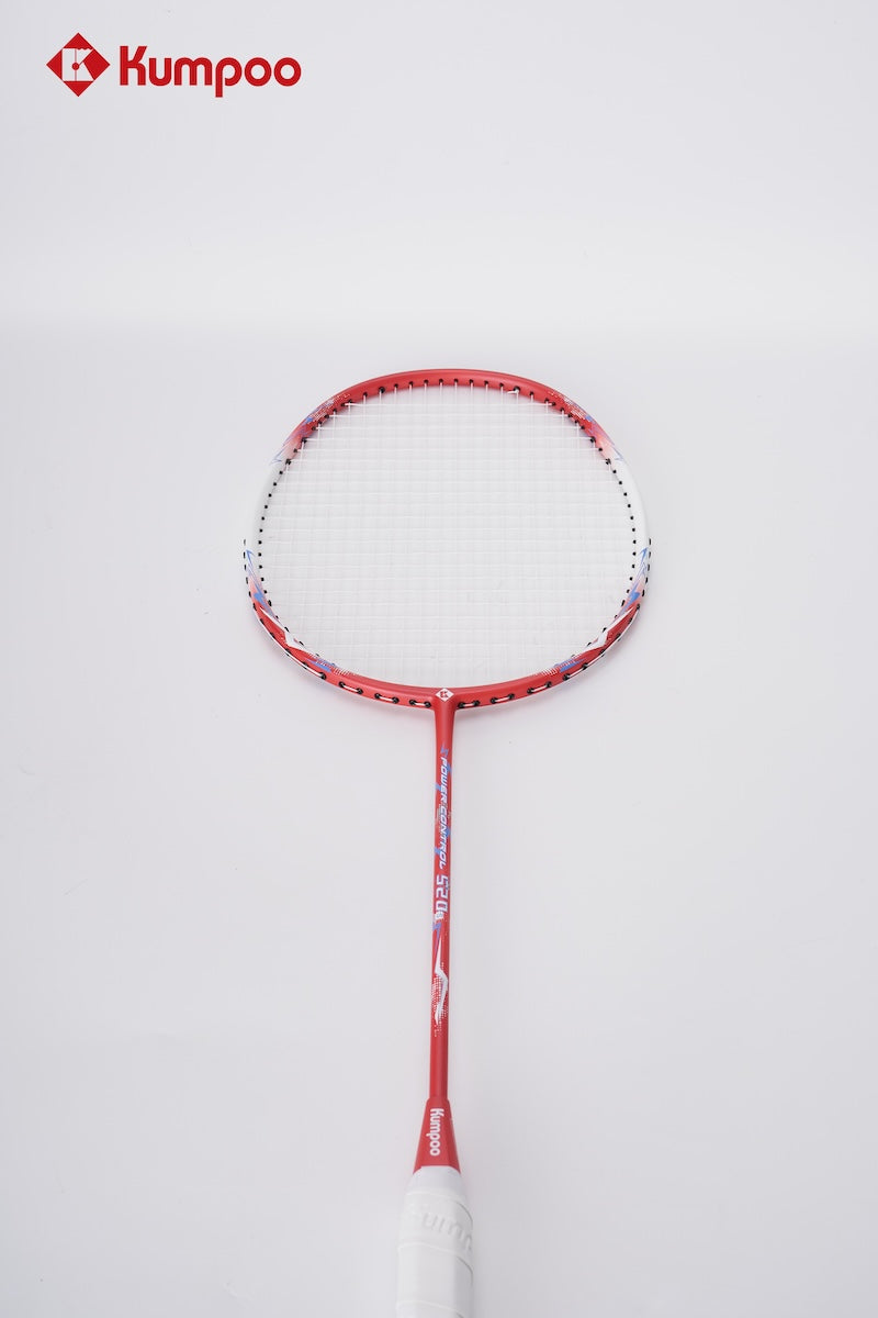 Two Kumpoo 520A(S) LX+ beginner pre-strung badminton rackets with black and red frames and grips, ready for play.